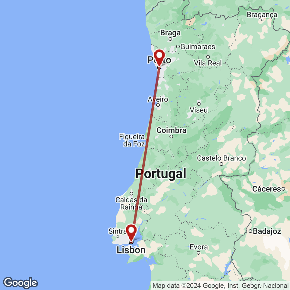 Route for Lisbon, Porto tour